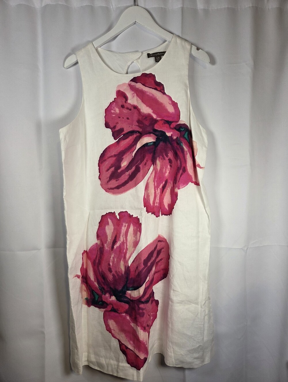 Tommy Bahama 100% Linen Shift Dress Sleeveless White Pink Floral Women's L